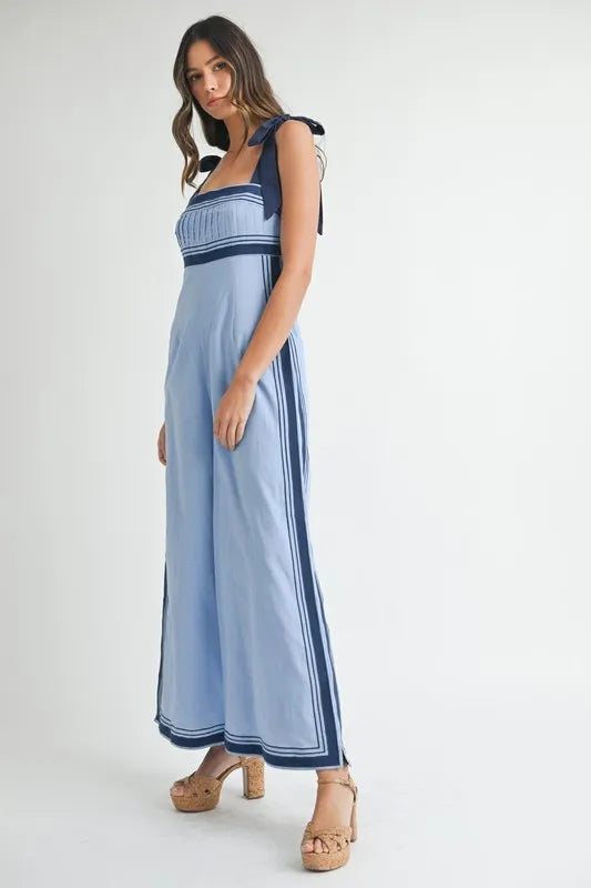 Linen Mix Chevron Sail Shoulder Strap Jumpsuit