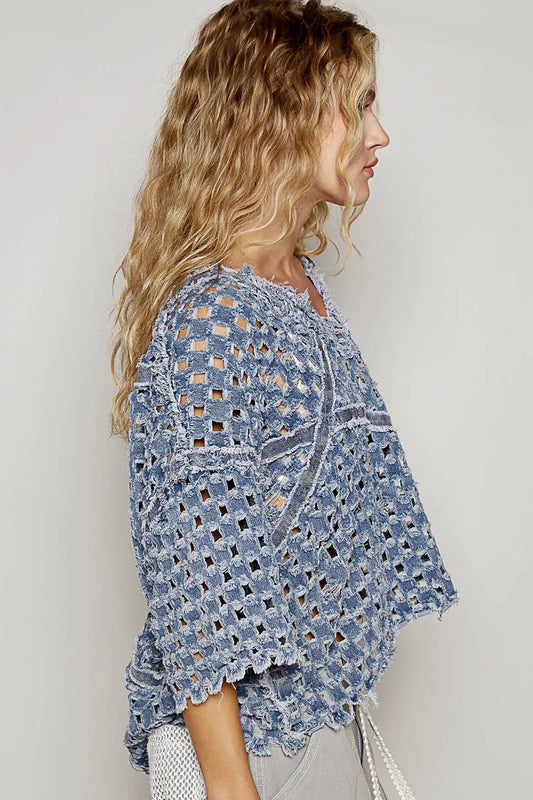 Crochet-Style Denim Top with Perforated Design