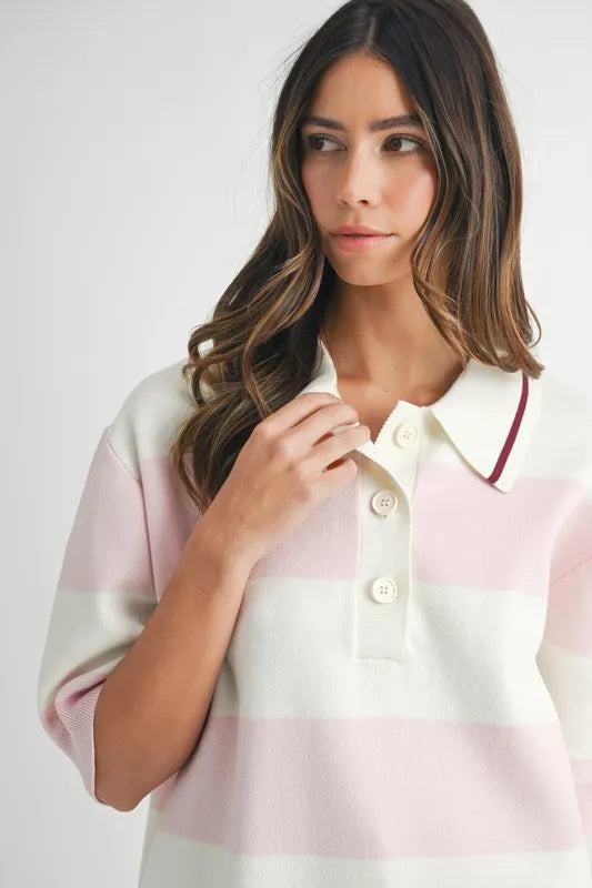 Oversized Stripe Polo Collar Sweater