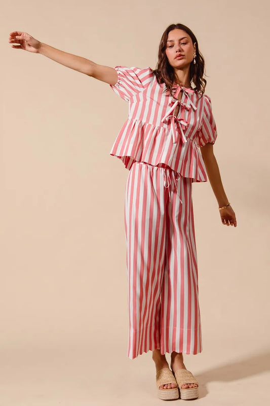 Bow-Front Striped Blouse and Relaxed Wide-Leg Pant Ensemble