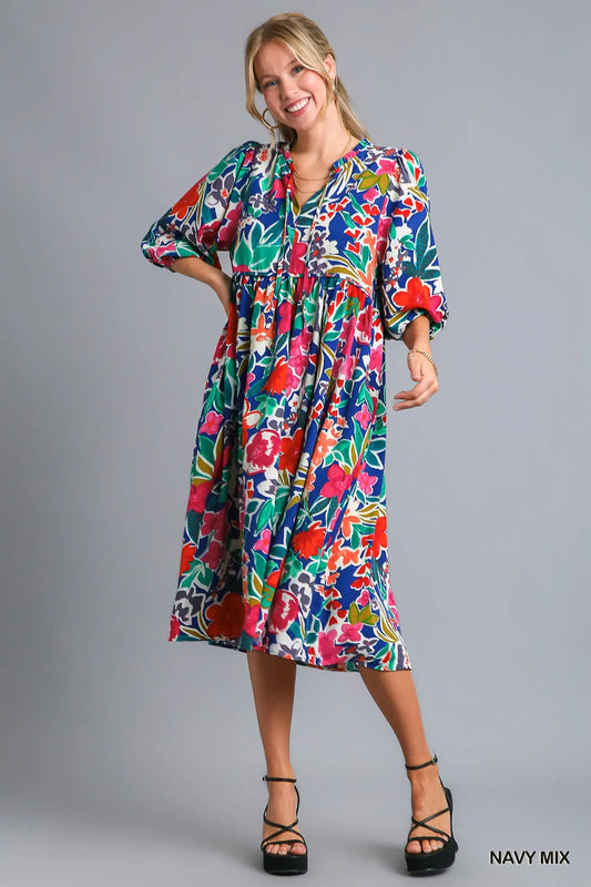 Floral Tie Neck Midi Dress with Handy Pockets