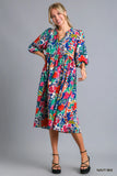 Floral Tie Neck Midi Dress with Handy Pockets