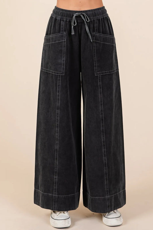 Mineral Wash Wide Leg Elastic Waist Twill Pants