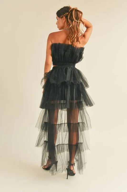 Tulle Tube Ruffle Crop Top and High Low Maxi Skirt Set