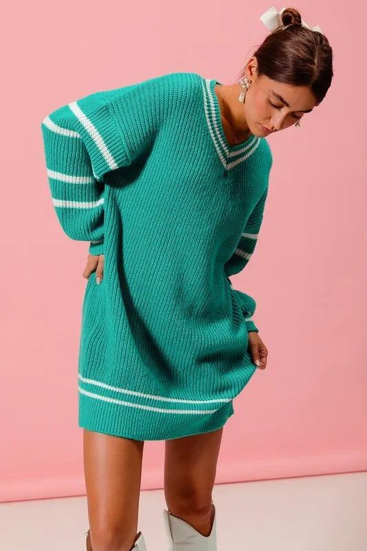 Loose V Neck Sweater Dress with Striped Sleeves