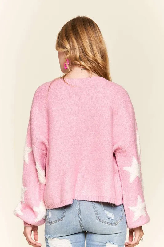 Full Size Star Contrast Round Neck Sweater Plus Size