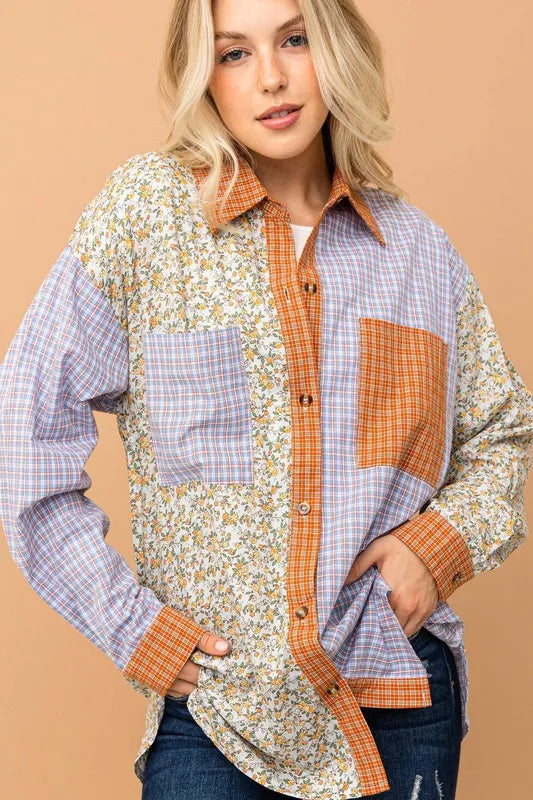 Floral and Plaid Color Block Shirts with Pocket