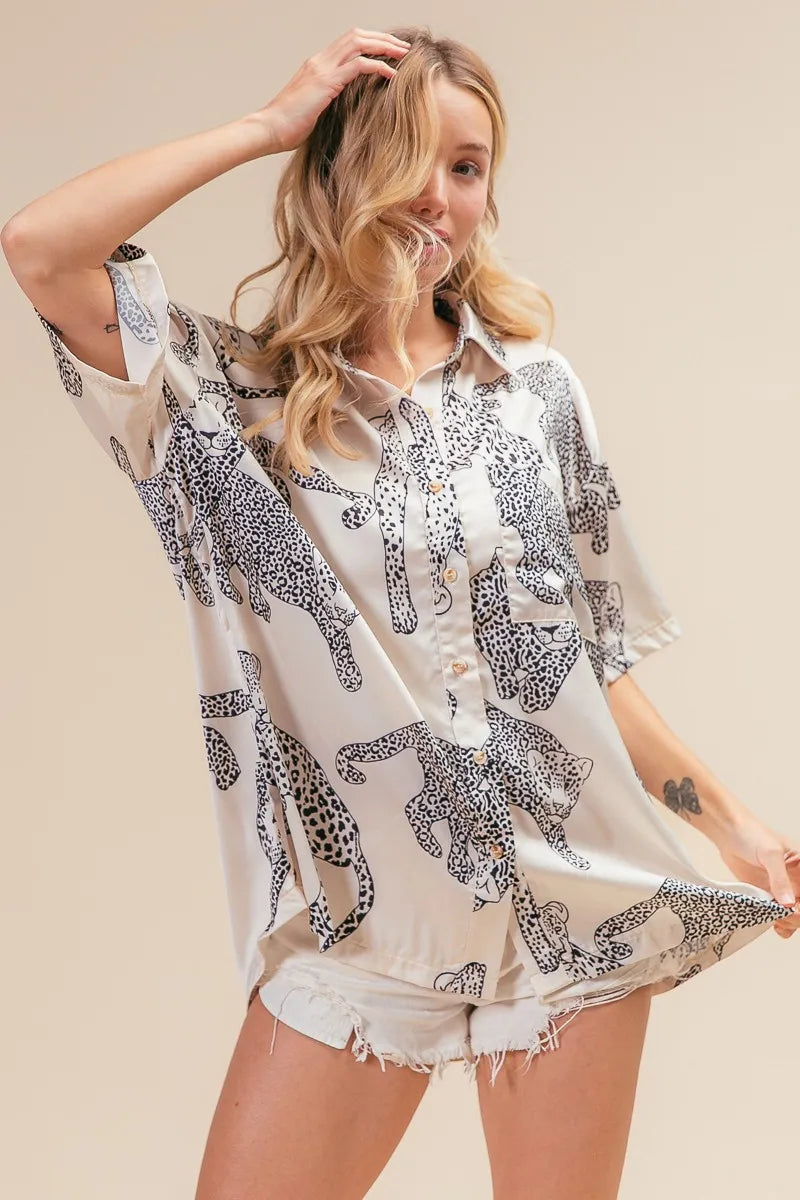 Leopard Print Short Sleeve Silky Satin Shirt Top