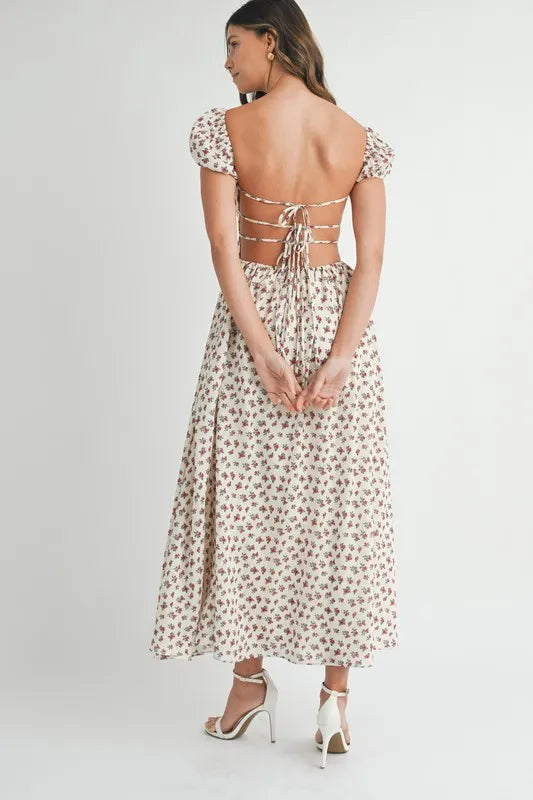 Floral Print Puff Sleeve Gathered Midi Dress