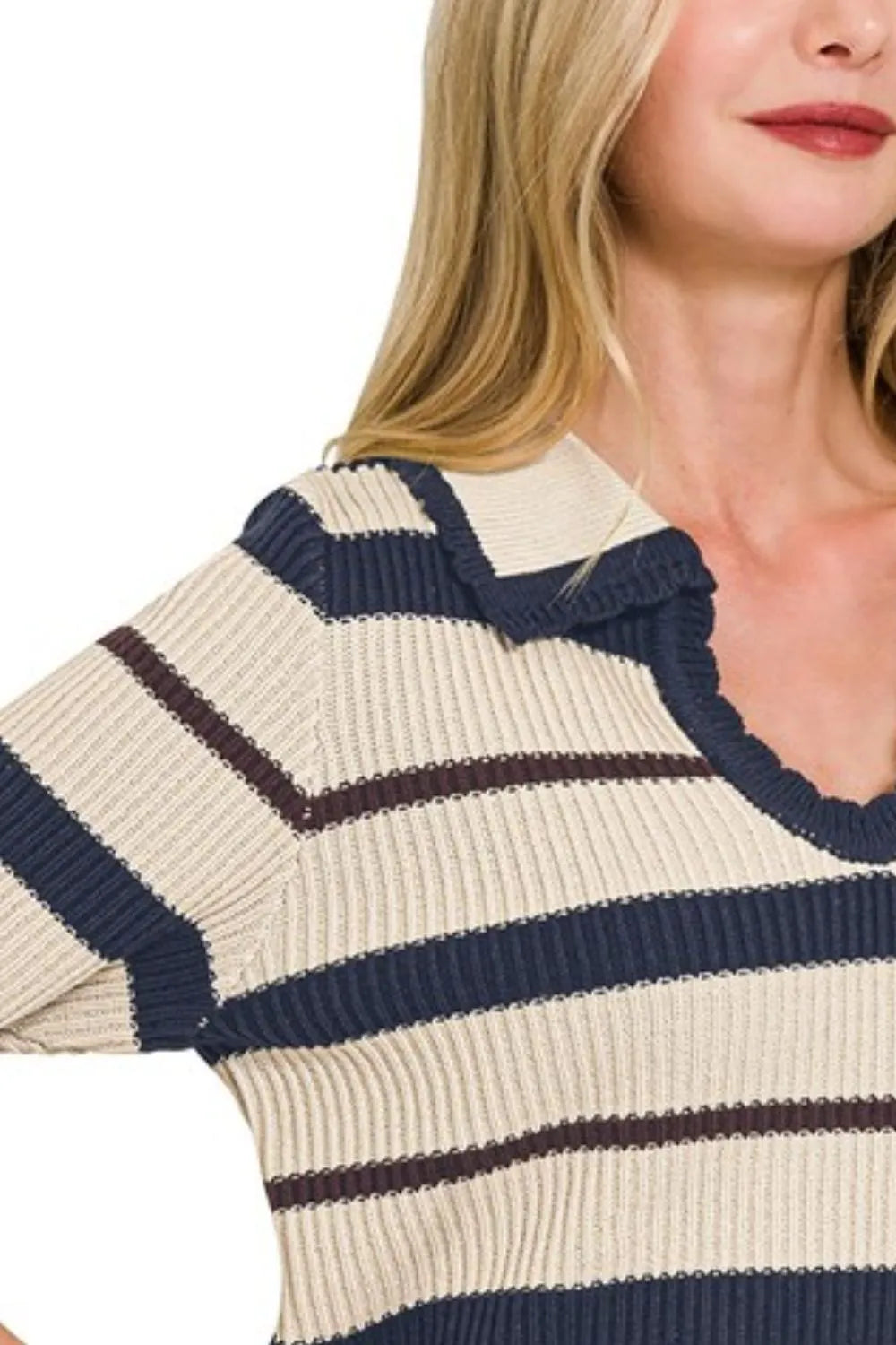 Striped Collared Short Sleeve Cropped Sweater