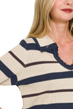 Striped Collared Short Sleeve Cropped Sweater