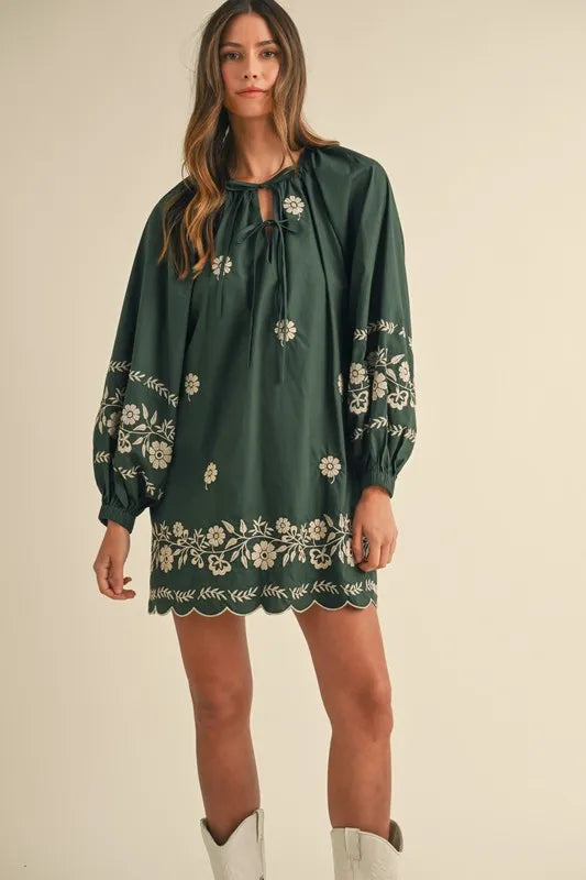 Embroidered Long Sleeve Peasant Mini Dress