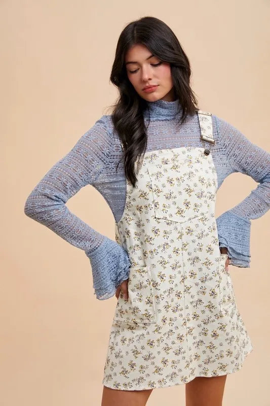 Stretch Ditsy Print Denim Overall Mini Dress