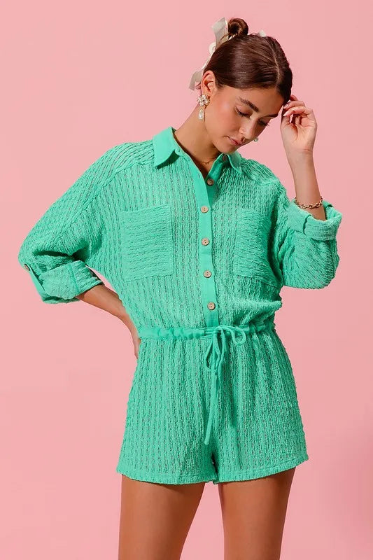 Textured Knit Button Front Romper