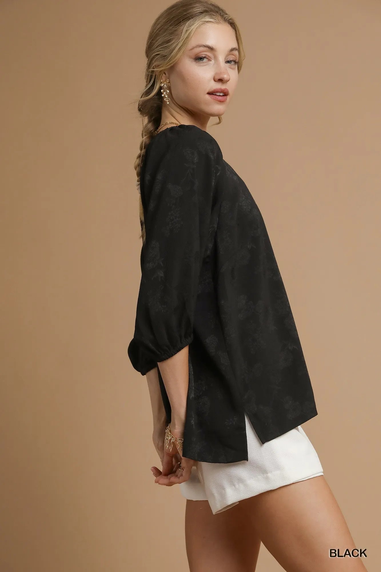 Jacquard Floral Blouse with Balloon Sleeves