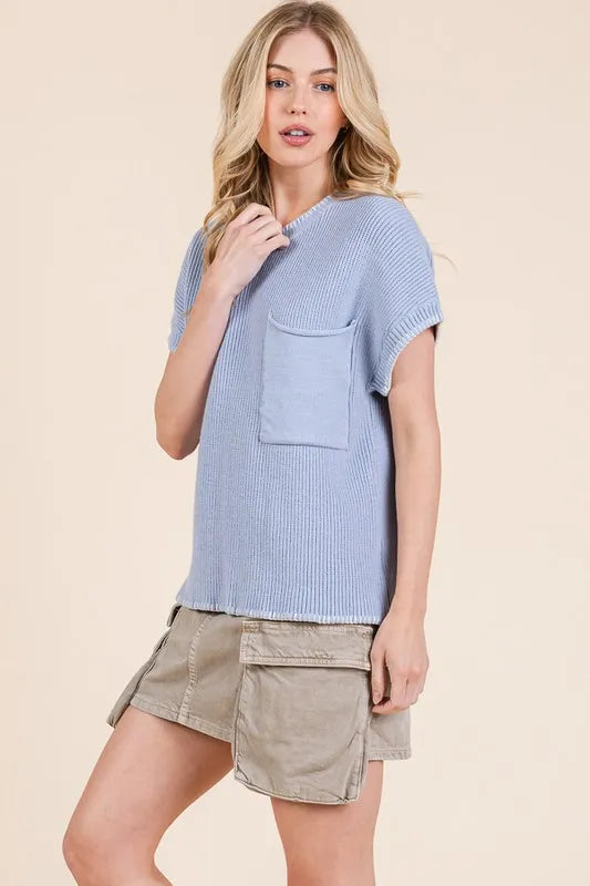 Solid Cap Sleeve Stitch Edge Knit Sweater