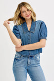 Puff Sleeve Cropped Denim Button-Up Shirt