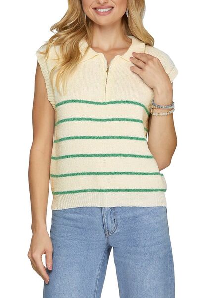 Full Size Ribbed Hem Striped Half Zip Sweater Vest Plus Size