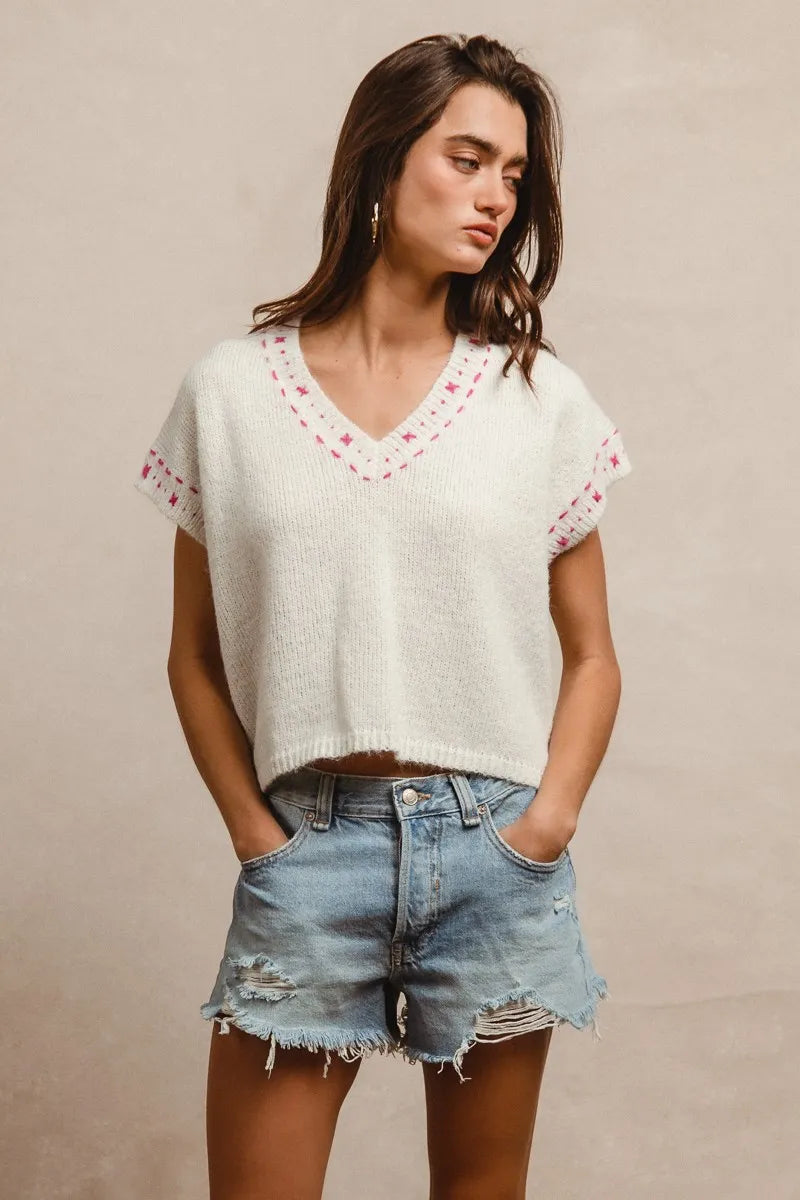 Knit Solid Contrast Stitch Detail Short Sleeves Sweater
