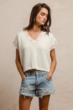 Knit Solid Contrast Stitch Detail Short Sleeves Sweater