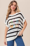 Vacay Mode Lettering Drop Shoulder Striped Sweater