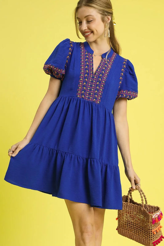 Embroidered Boho Puff Sleeve Ruffle Dress