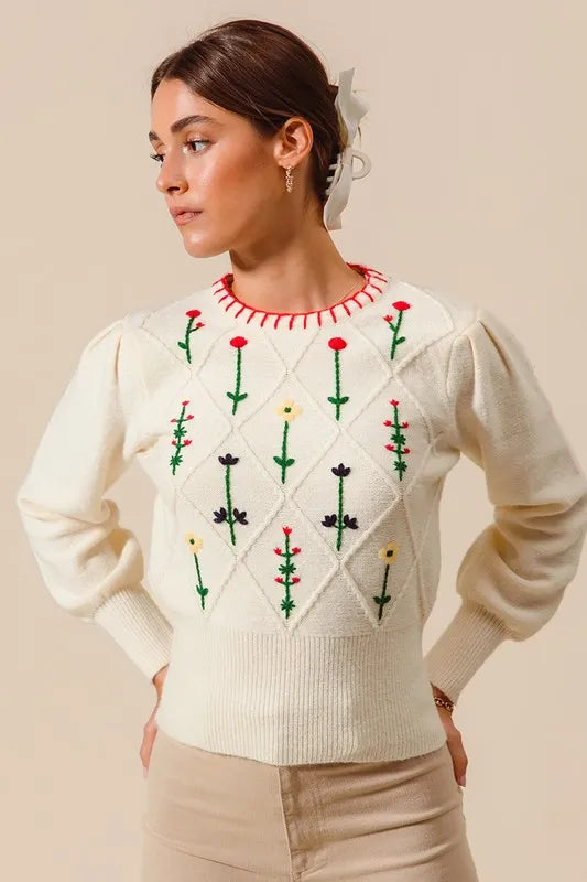 Small Flower Embroidered Sweater Top