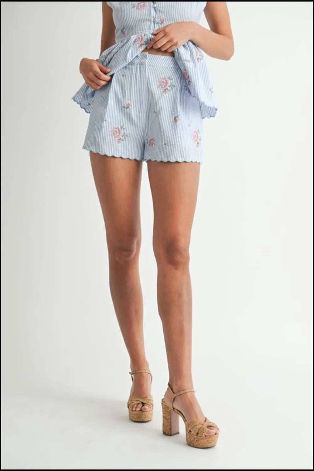 Stripe Embroidered Peplum Cami and Shorts Set