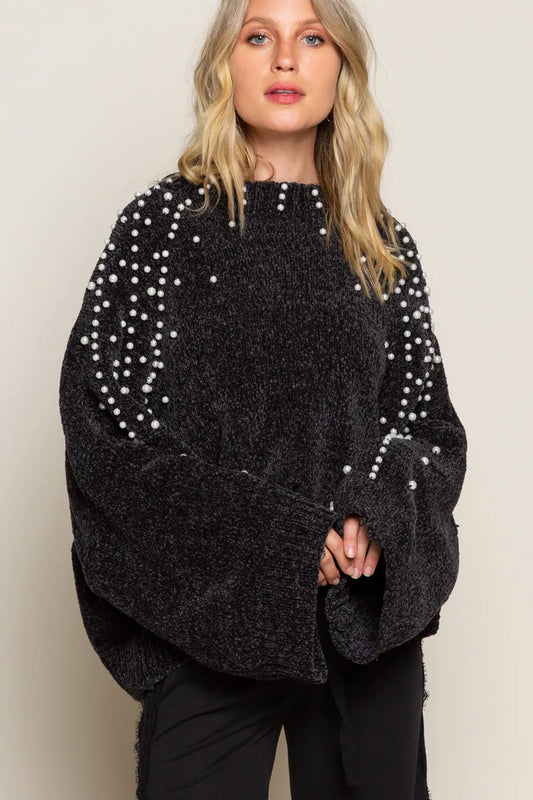 Pearl-Adorned Oversize Knit Sweater