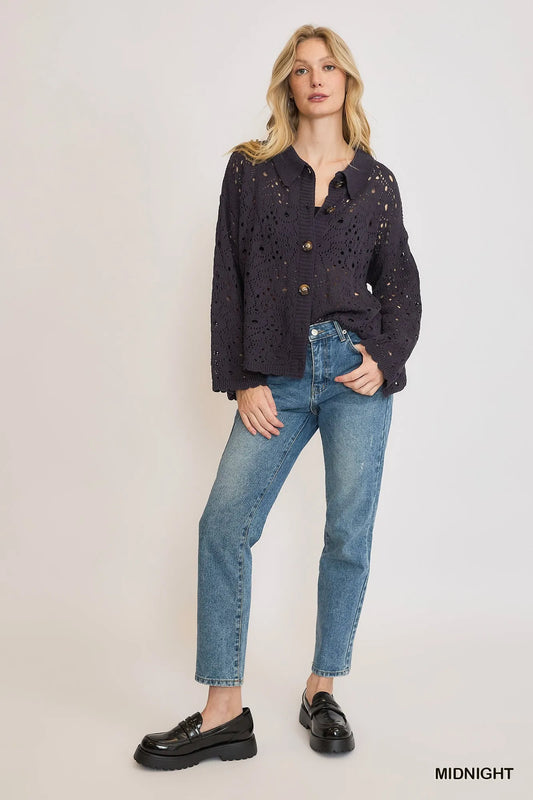 Eyelet Lace Button-Front Cardigan