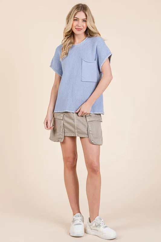 Solid Cap Sleeve Stitch Edge Knit Sweater