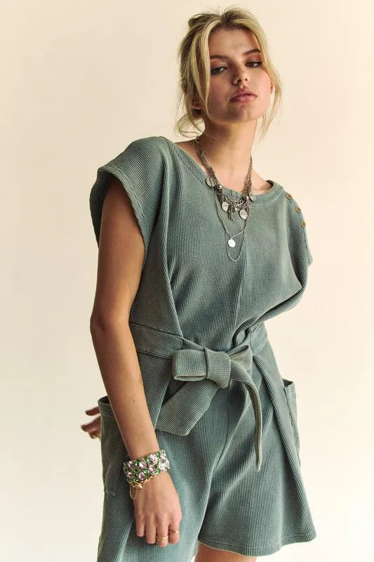 Acid-Washed Waffle Knit Cuffed Sleeves Romper