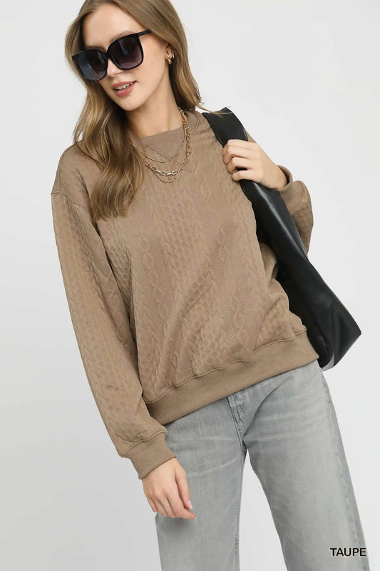 Textured Cable Knit Sweatshirt with Ribbed Trim