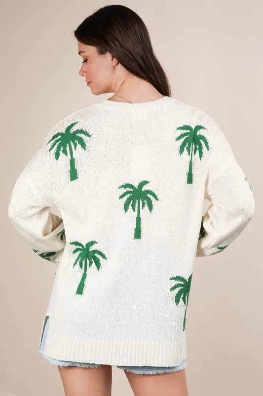 Palm Tree Graphic Oversized Knit Sweater