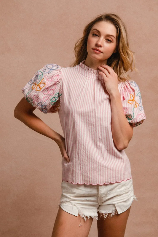 Floral Puff Sleeve Top With Scalloped Hem Detail