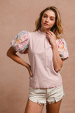 Floral Puff Sleeve Top With Scalloped Hem Detail