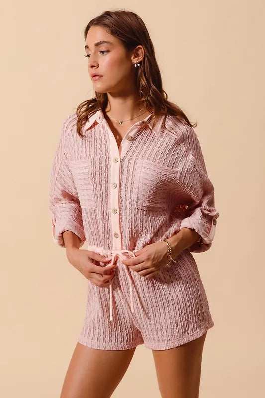 Textured Knit Button Front Romper
