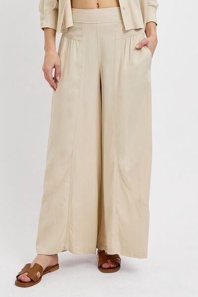 Shirring Detail Wide Leg Pants