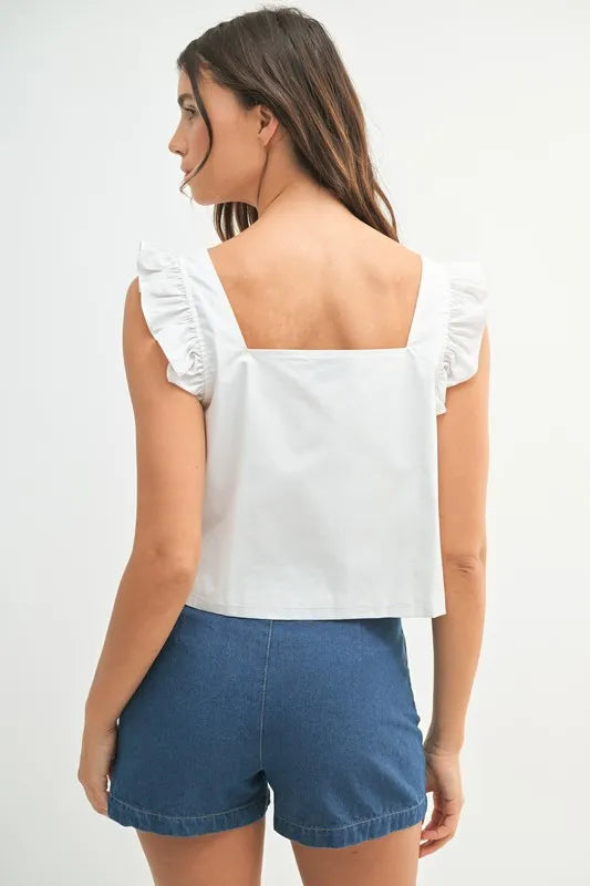 Poplin Ruffle Strap Front Self Tie Top