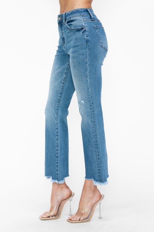Raw Hem Distressed Mid Rise Crop Jeans