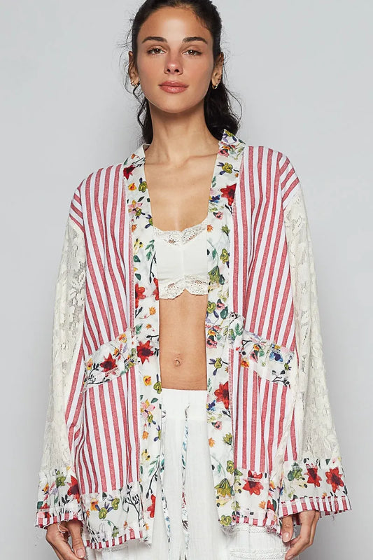 Floral Patch Lace Sleeve Cardigan with Striped Design
