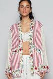 Floral Patch Lace Sleeve Cardigan with Striped Design
