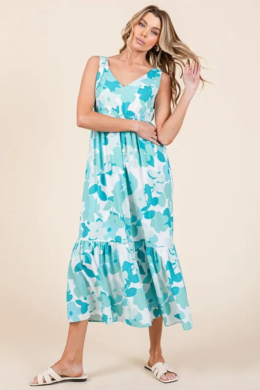 Sleeveless Floral Print V-Neck Midi Dress