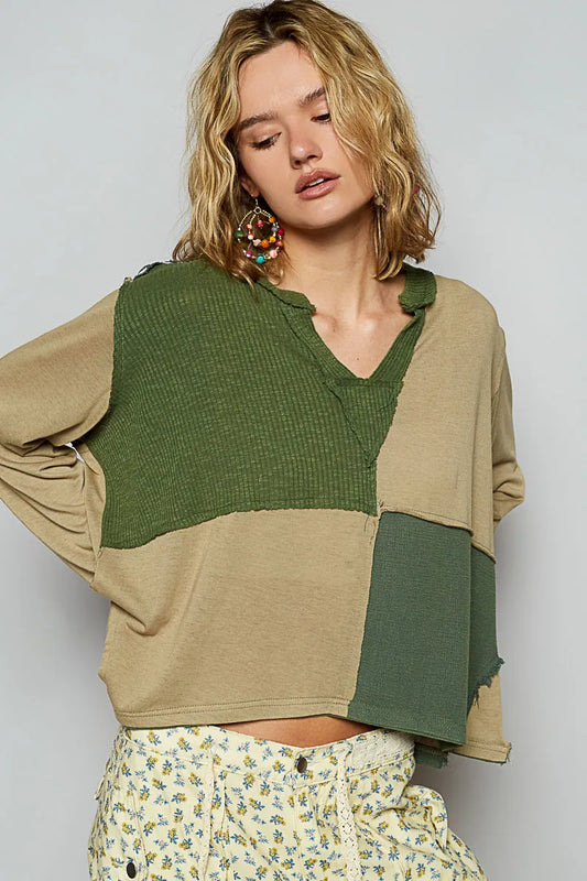Geometric Patchwork V-Neck Long Sleeve Top
