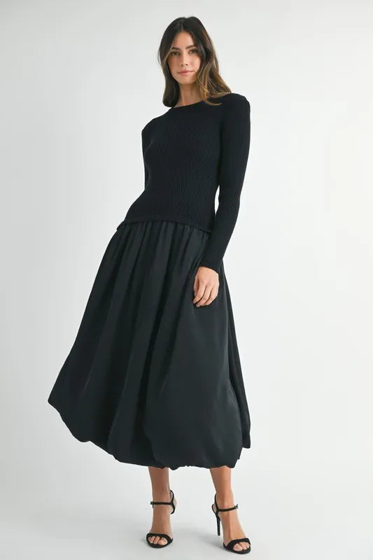 Ribbed Poplin Mix Midi Sweater Dress