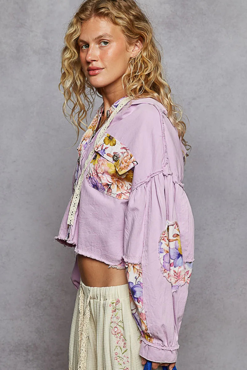Edgy Floral Pattern Cropped Hooded Jacket