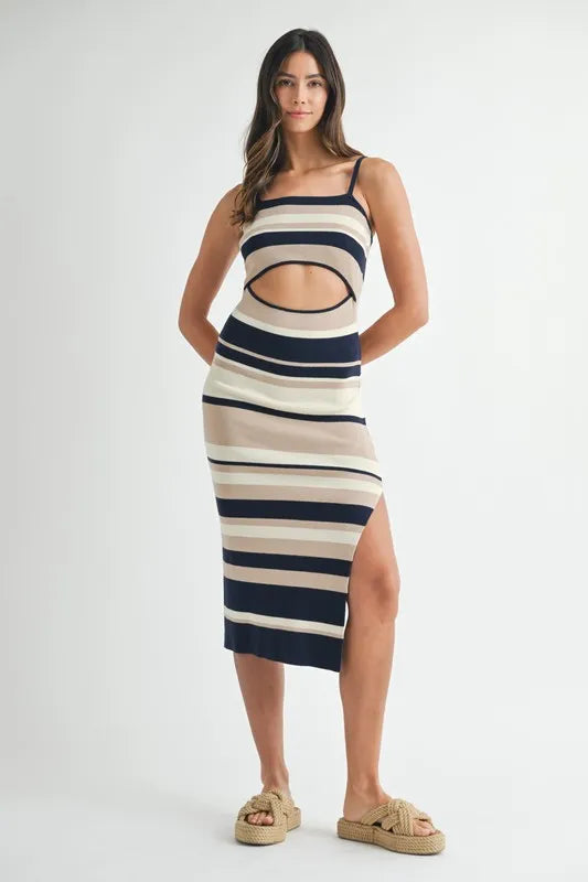 Multi Color Striped Front Cutout Knit Midi Dress