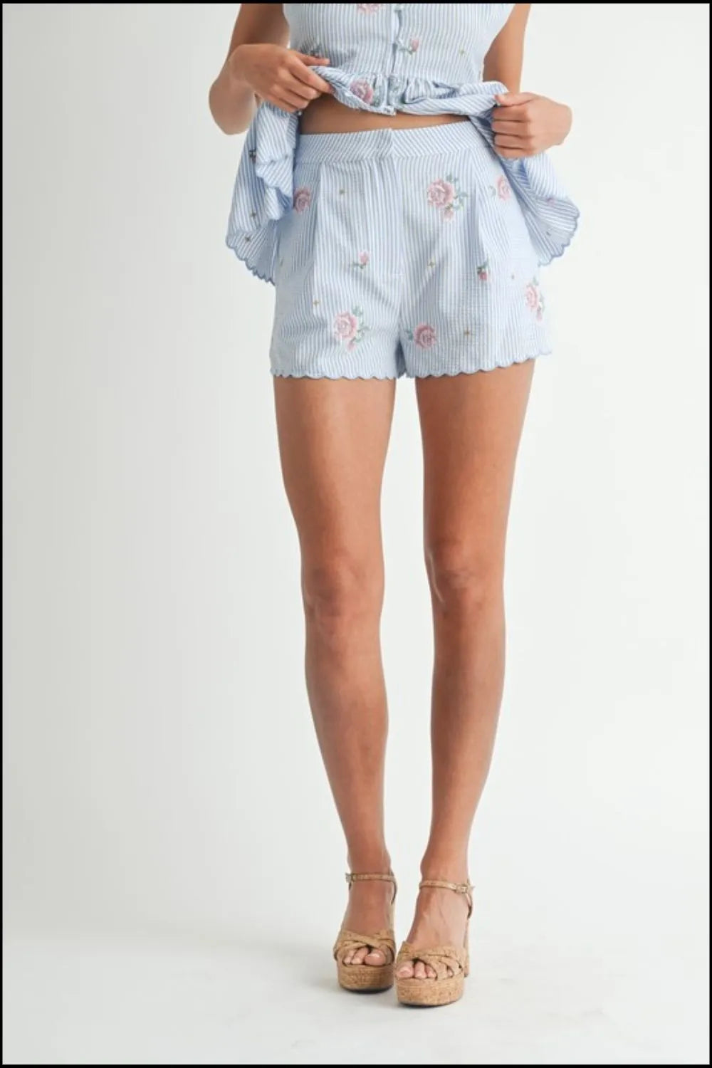 Stripe Embroidered Peplum Cami and Shorts Set