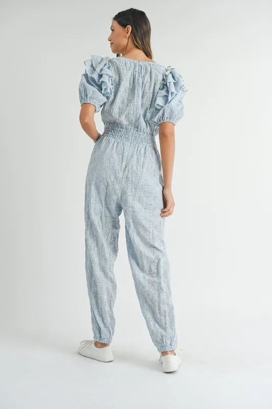 Eyelet Lace Ruffle Shoulder Jumpsuit