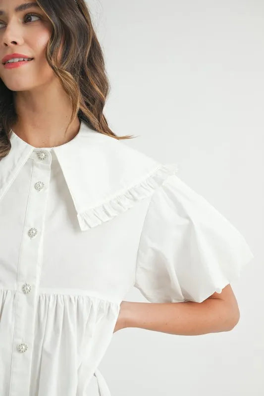 Ruffled Hem Peter Pan Collar Button Down Mini Dress